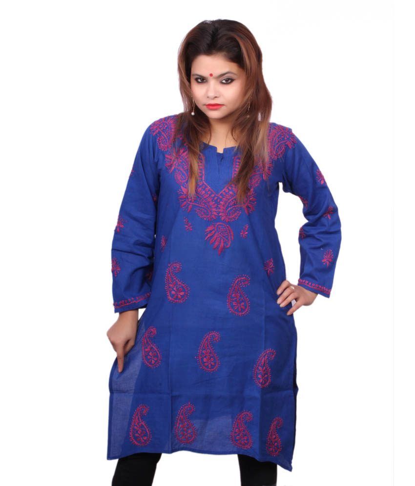 Modrich Blue Lucknavi Chikankari Cotton Round Neck Long ...