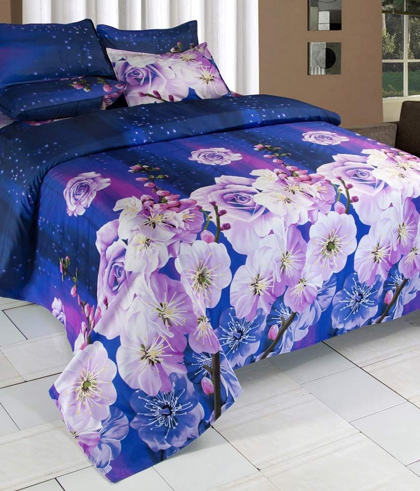 Vertex Blue Floral 3D Bed Sheet With Freebies(2 pillow covers) Buy