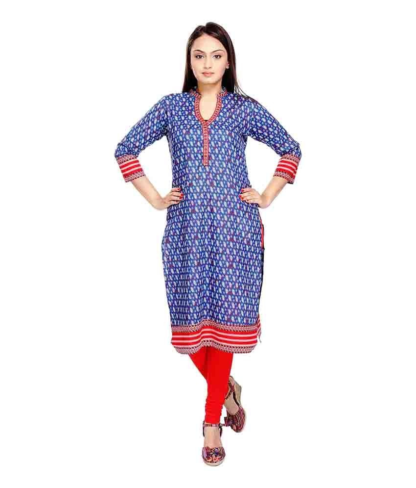 Vismit Fashions Blue and Red 34th Sleeve Chinese Collar Printed Cotton