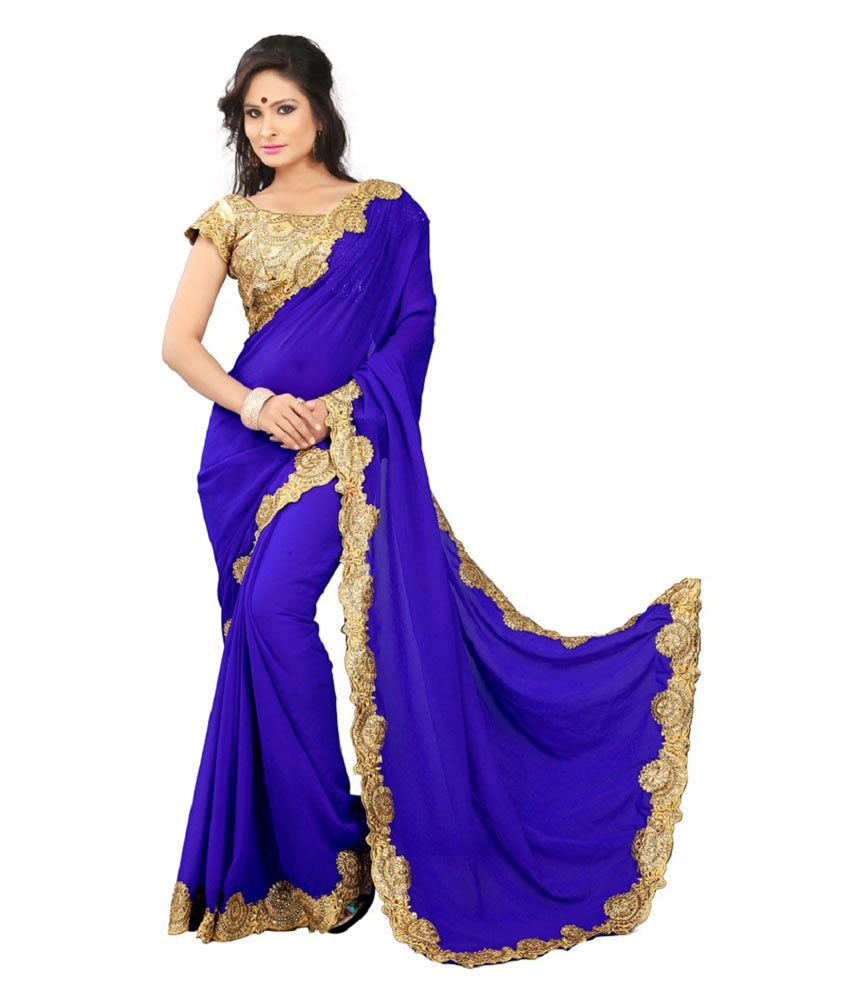 Drapme Bollywood Style Priyanka Chopra Royal Blue and Beige Saree With ...