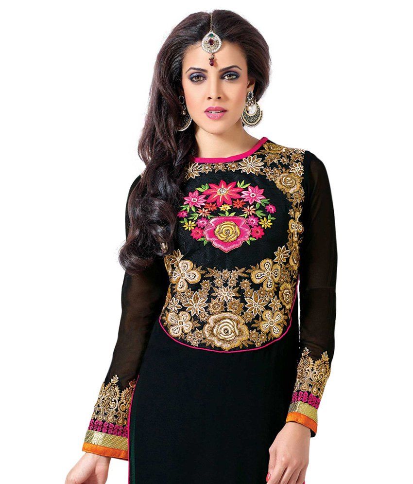 Ekvi Black Pure Georgette Brocade Semi Stitched Suit Semi Stitched Suit ...