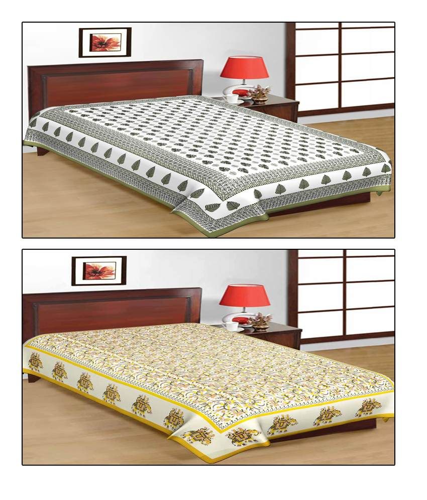 Shop Rajasthan Jaipuri Print Yellow & Green Cotton Single Bed Sheets
