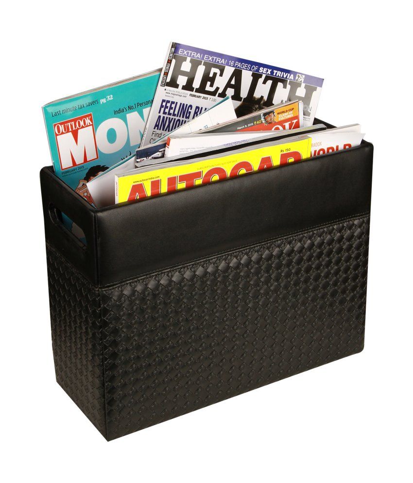 Belmun Woven And Plain Black Faux Leather Magazine Holder With Handles