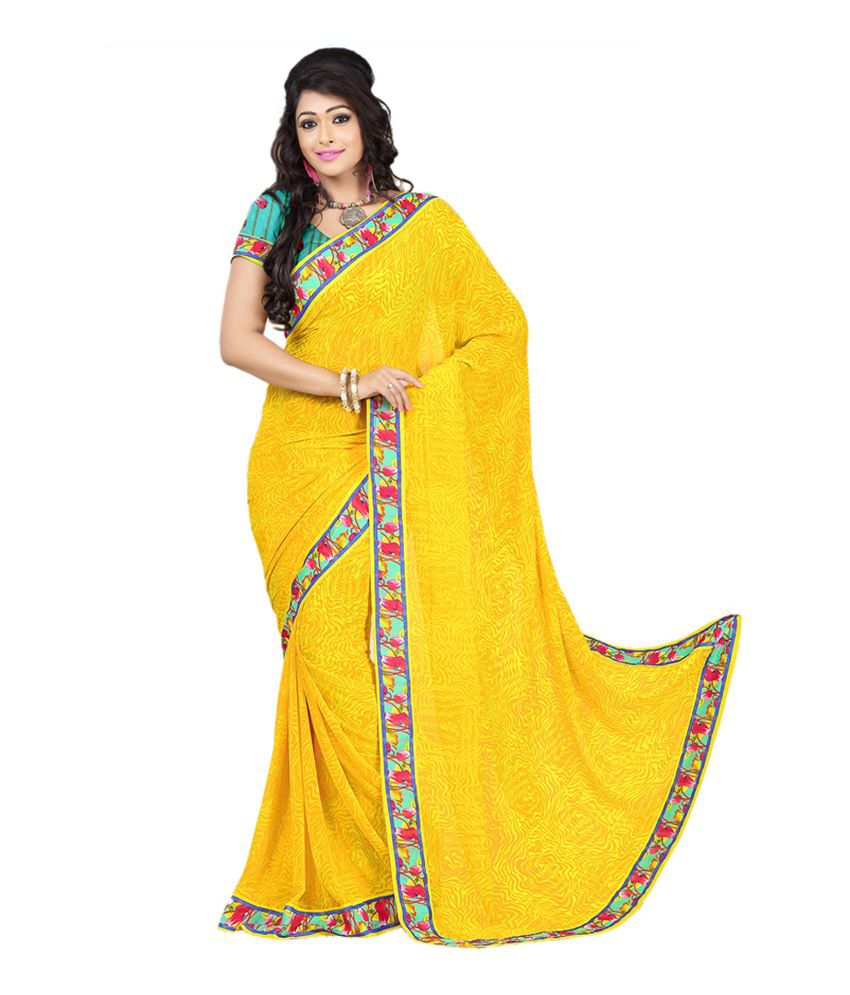 Rani Sarees Yellow Printed Faux Chiffon Saree With Blouse Piece - Buy ...