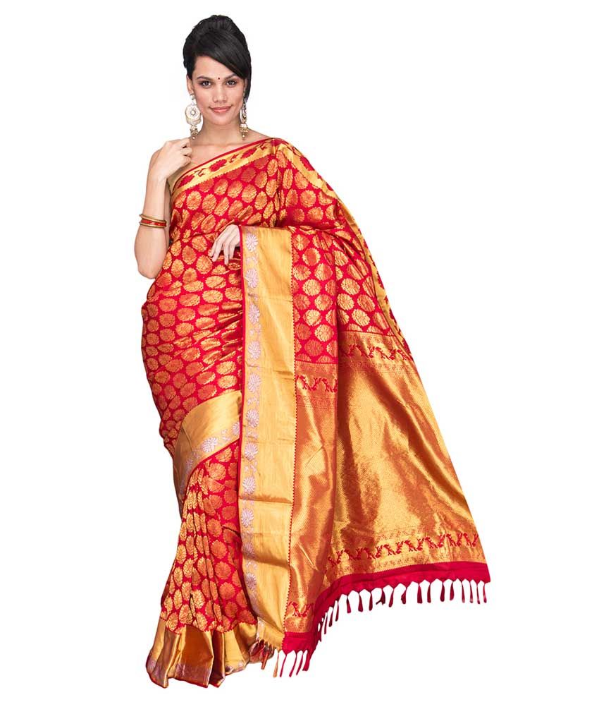 Radha Kanjivaram Red and Orange Silk Saree - Buy Radha Kanjivaram Red ...