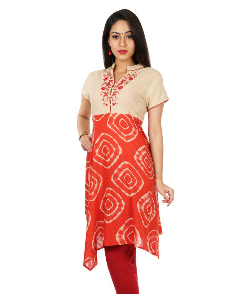 Kriti Ethnic Fashion Red Cotton Half Medium Chinese Collar Woven Kurti ...