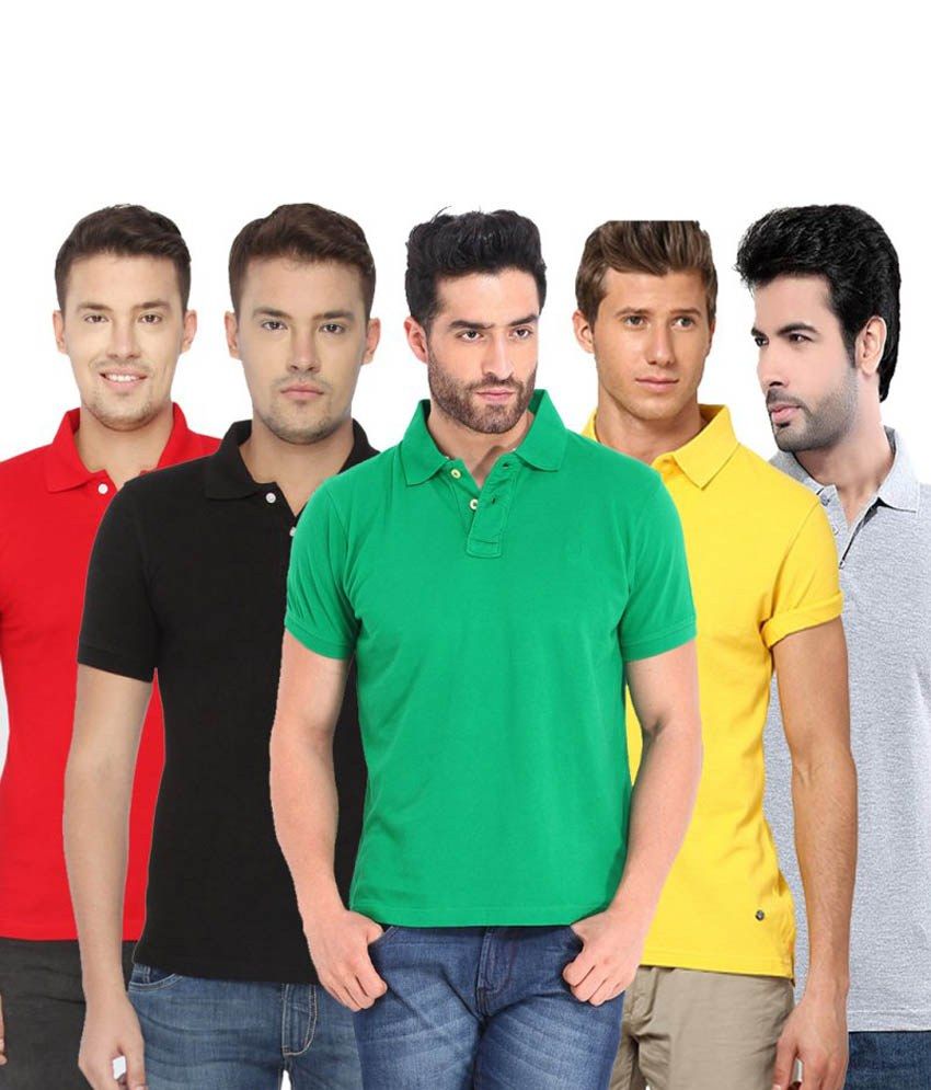     			Concepts Pack Of Black Gray Red Yellow And Green Polo T Shirts Pack of 5 T-shirts