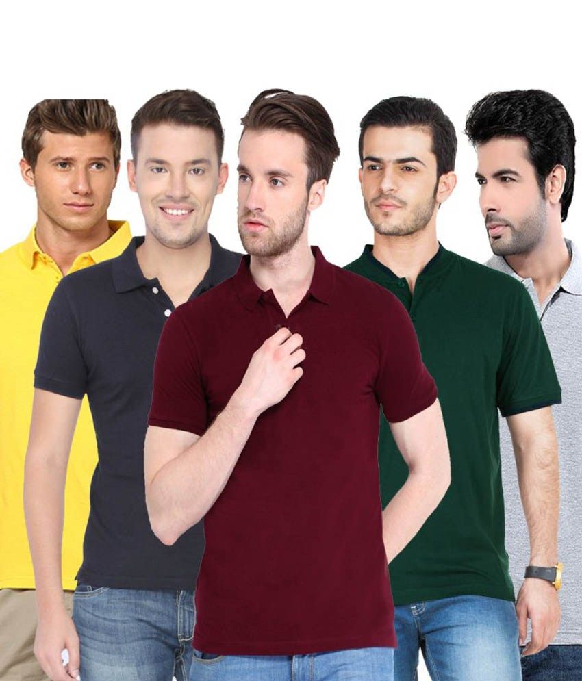     			Concepts Pack Of Black Yellow Bottle Green Maroon And Gray Polo T Shirts Pack of 5 T-shirts