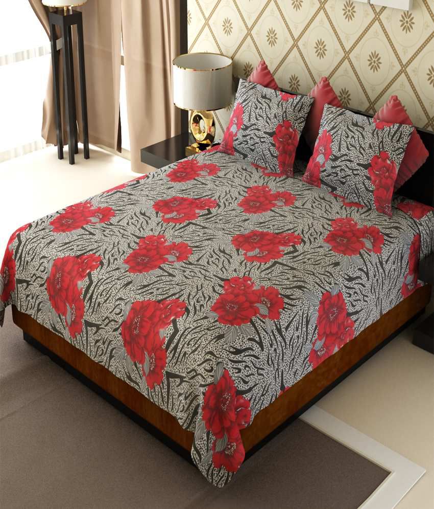     			Amethyst Red Floral Poly Cotton Double Bed Sheet with 2 Pillow Covers