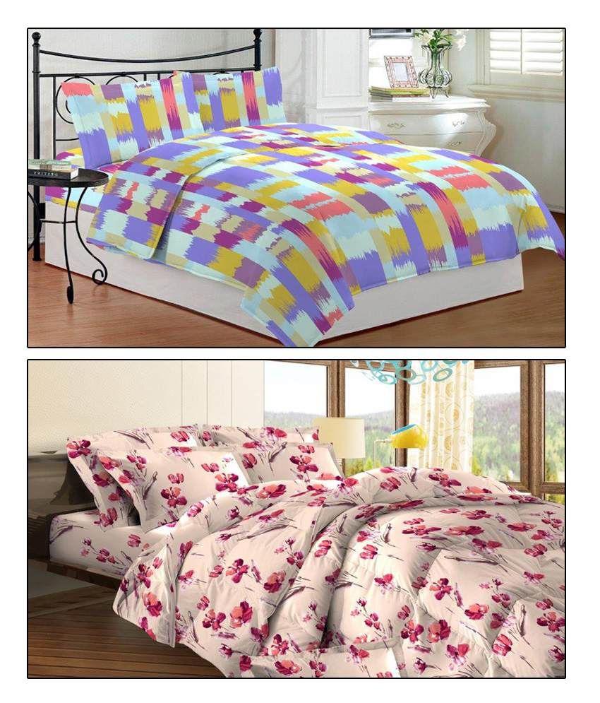 Bombay Dyeing Blue & Red Cotton 2 Double Bed Sheets with 4 Pillow