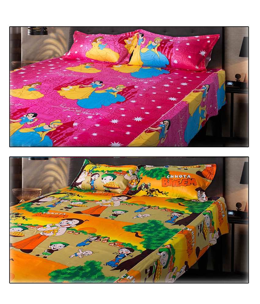 eCraftIndia Set of Chota Bheem and Beautiful Princess Kids Double Bedsheet with 2 Pillow Cover