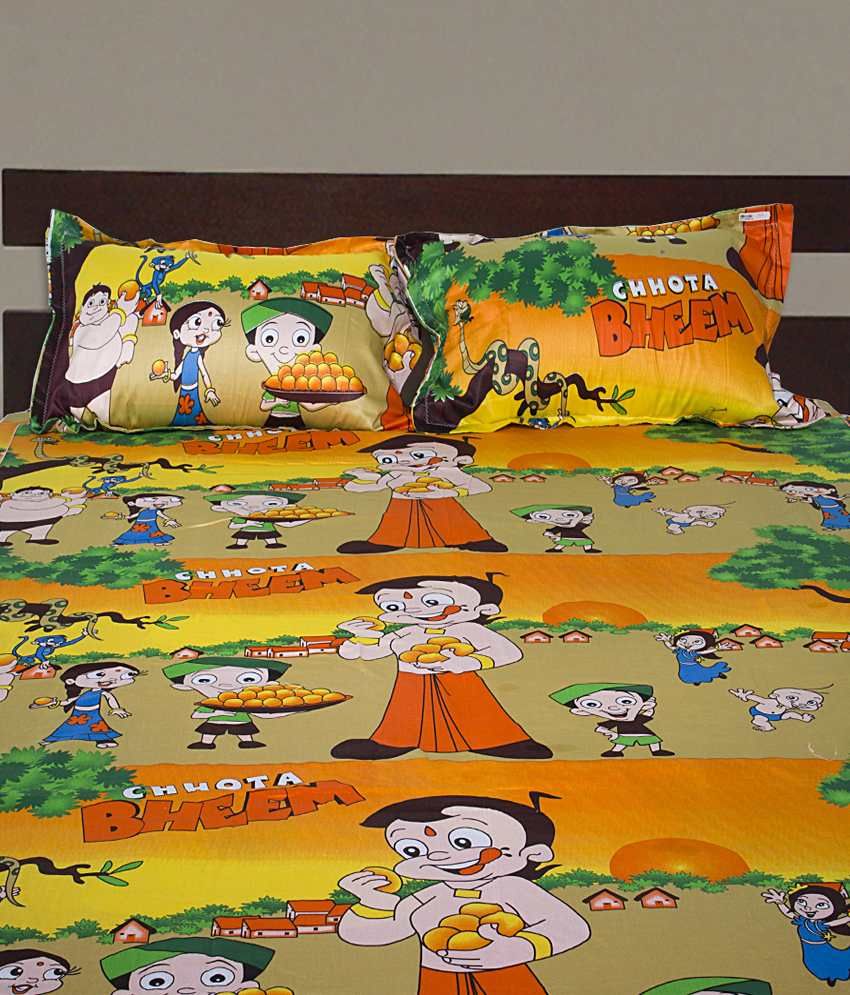 eCraftIndia Set of Chota Bheem and Beautiful Princess Kids Double Bedsheet with 2 Pillow Cover