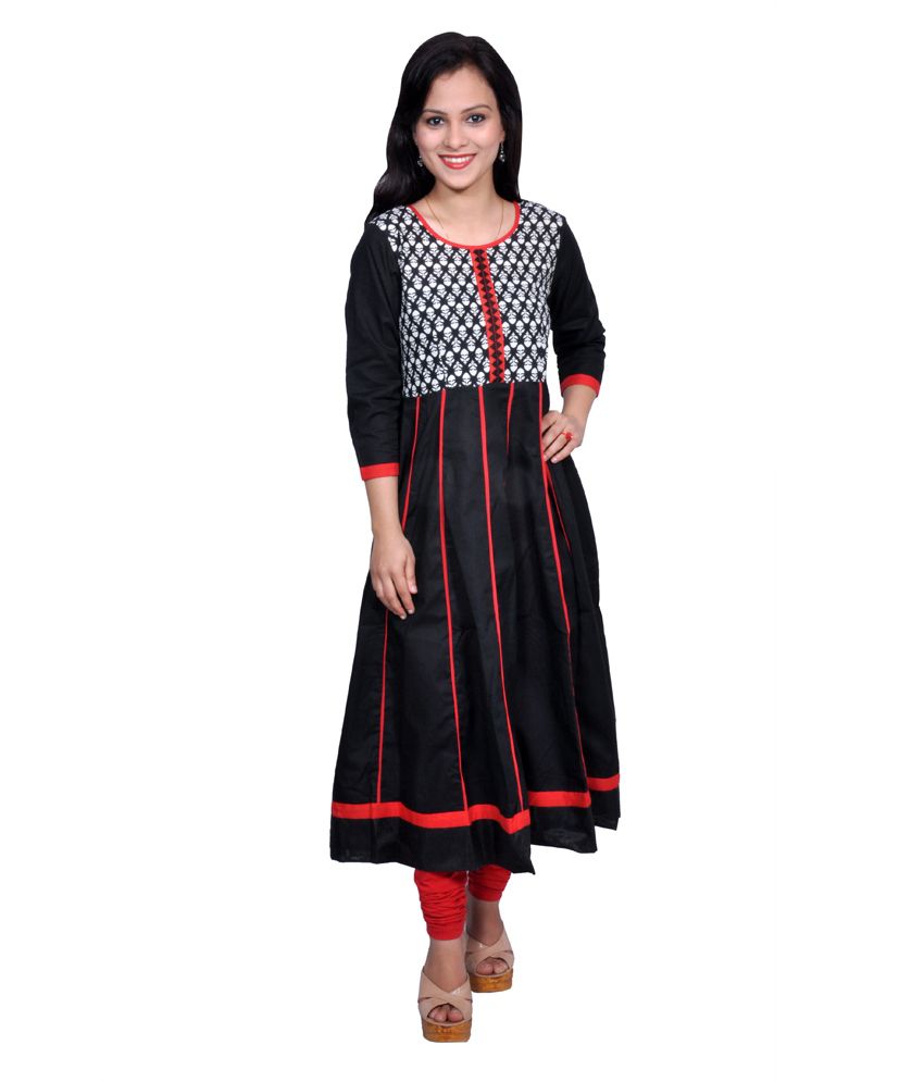 Vasudha Cotton Solid Black Anarkali 3/4th Sleeves Long Kurti - Buy ...