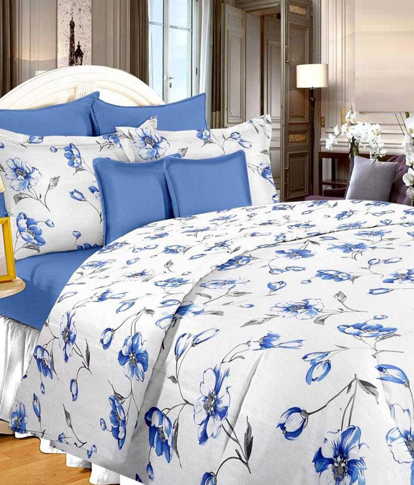 Lali Print Blue Lily Flower Pattern Double Bed Sheet With 2 Pillow