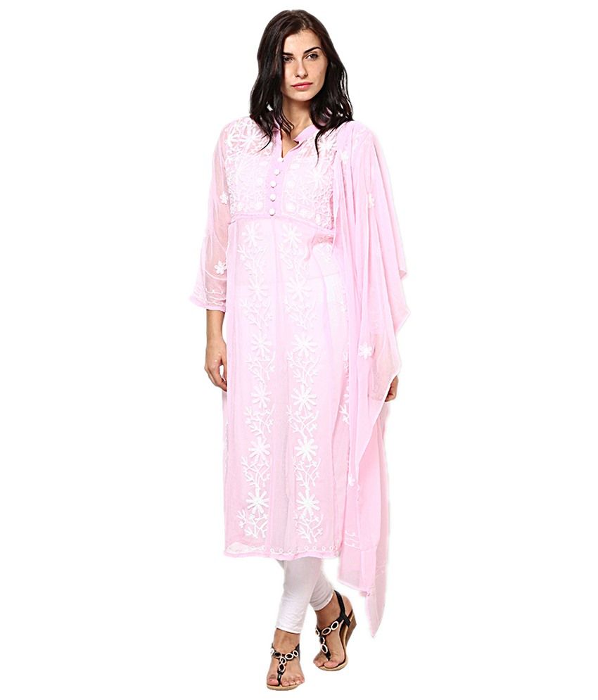 Castle Pink Chicken Embroidery Georgette Kurti & Dupatta Set - Buy ...