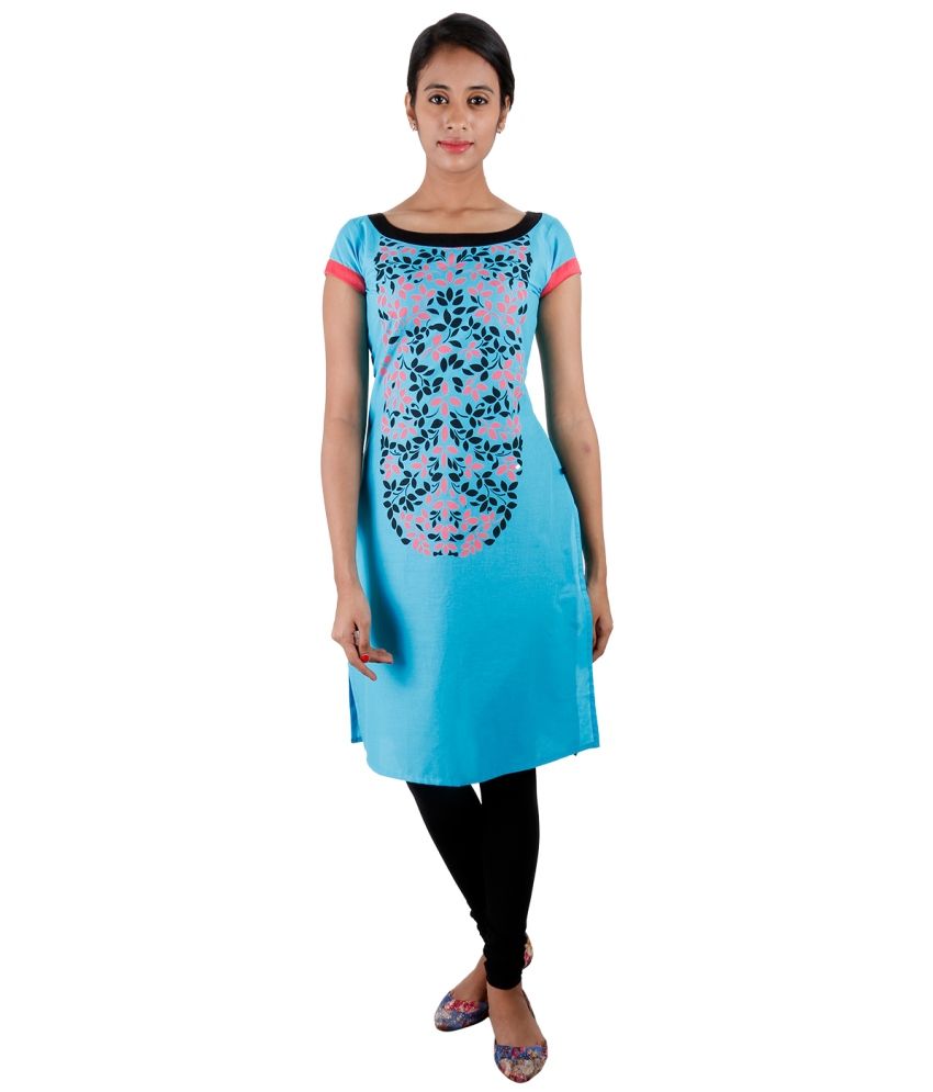 Estyle Blue Cotton Half Sleeve Printed Round Neck Kurti Buy Estyle