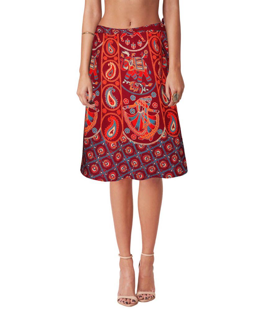     			Sttoffa Maroon Printed Ethnic Style Cotton Knee Length Wrap Around Skirt