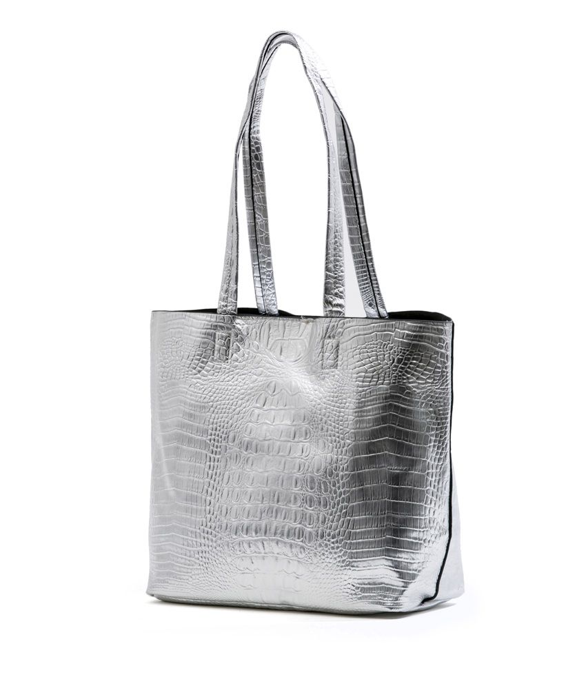Private Silver Leather Stylish Tote Bag With Sling Bag - Combo Of 2 ...