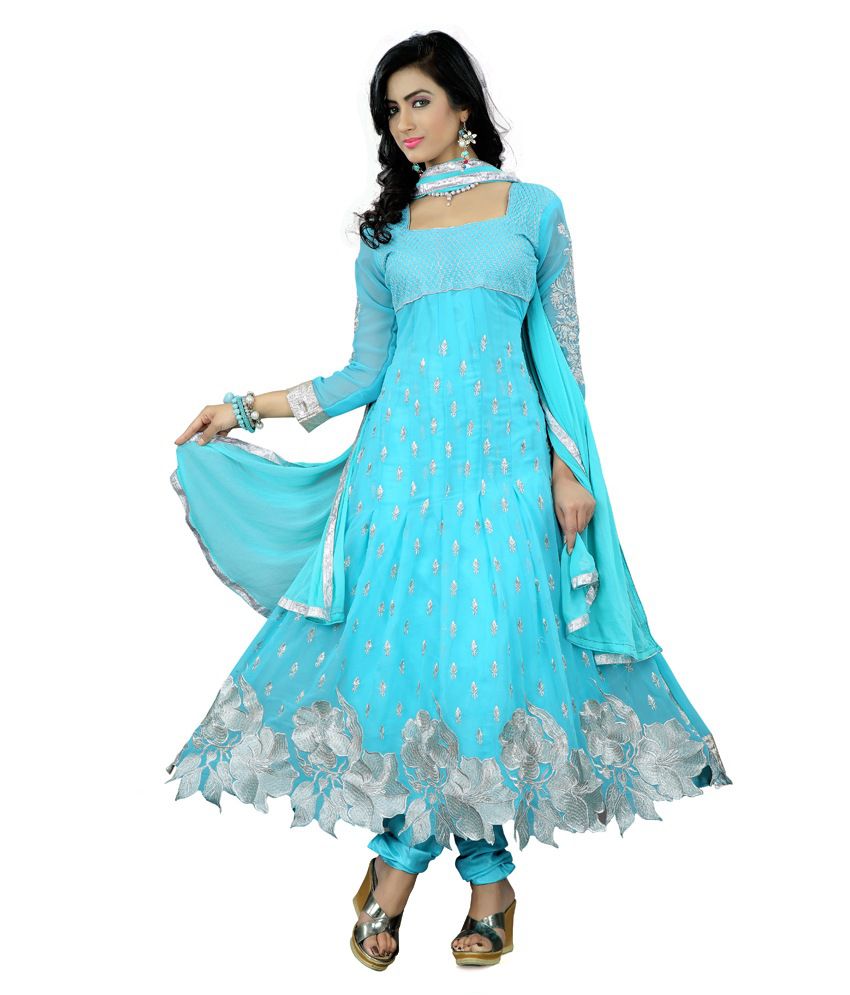 Madhav Blue/Turquoise Georgette Anarkali Unstitched Dress Material