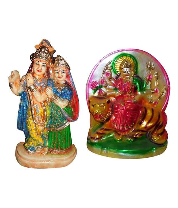 Maurya Statues Red Radha Krishna And Durga Ji Idols Made Of Plaster Of