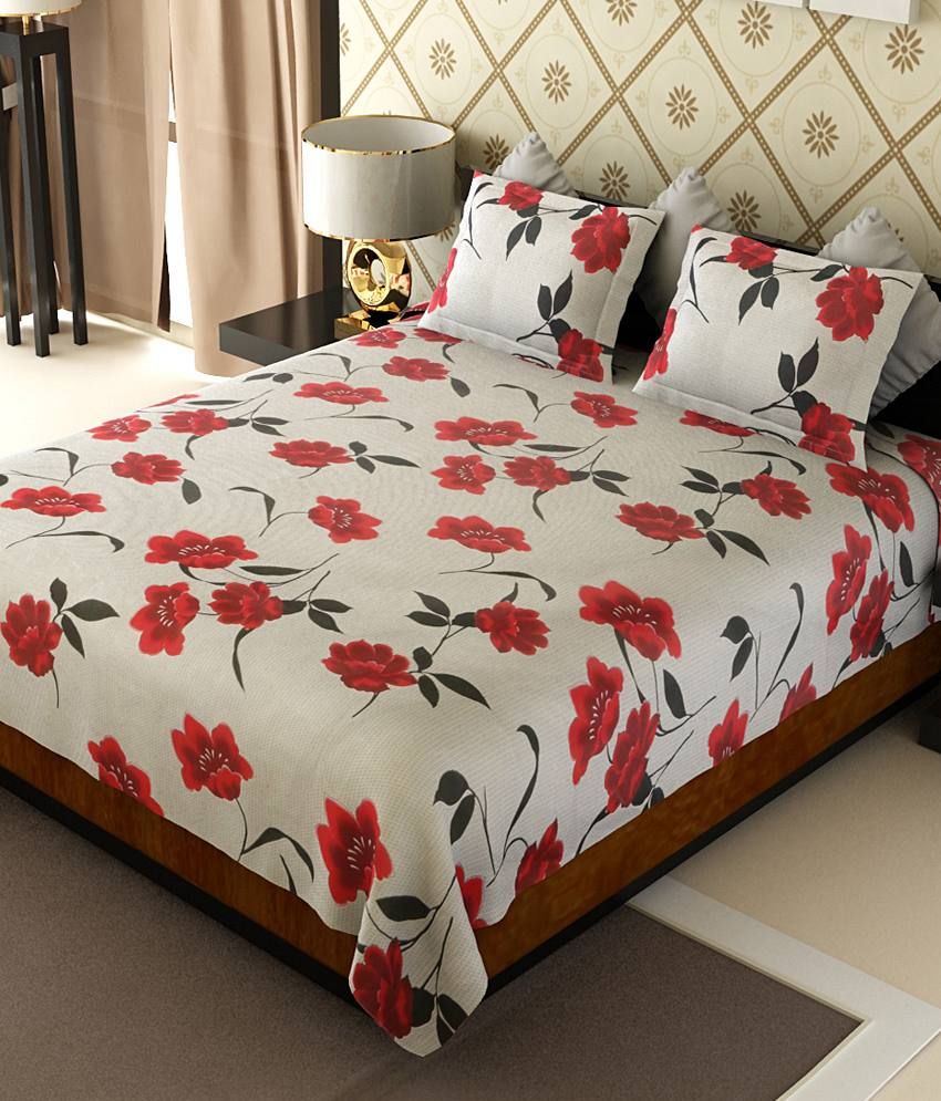 Amethyst Red Flowers Poly Cotton Double Bed Sheet with 2 Pillow Covers