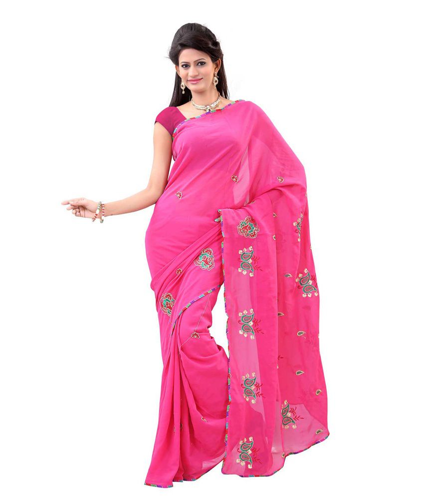Raj silk Pink Semi Chiffon Saree - Buy Raj silk Pink Semi Chiffon Saree ...