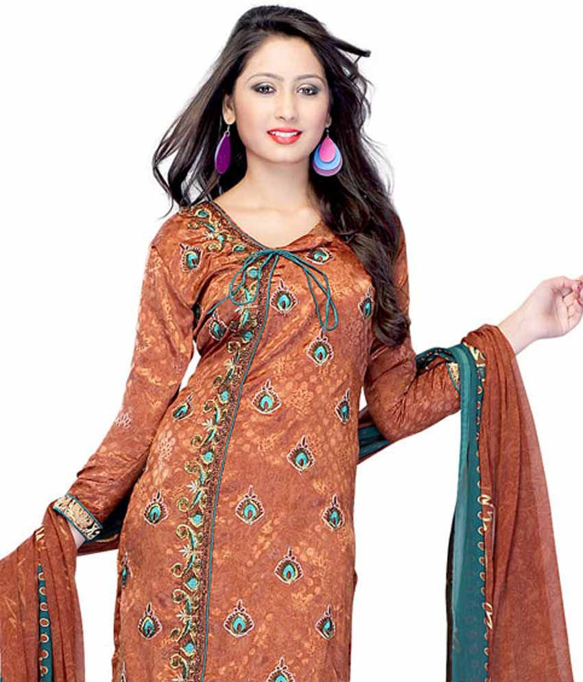 Geeta Fashions Brown Faux Chiffon Unstitched Dress Material - Buy Geeta ...