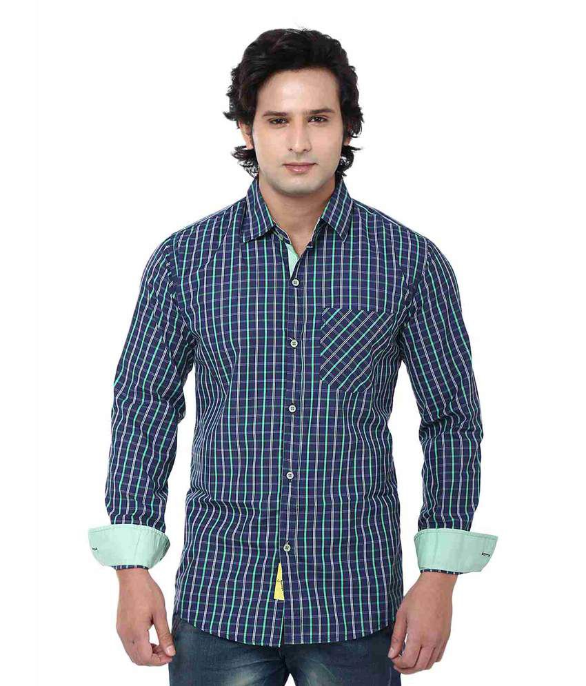 Adhaans Blue & Green Checkered Slim Fit Shirt - Buy Adhaans Blue ...