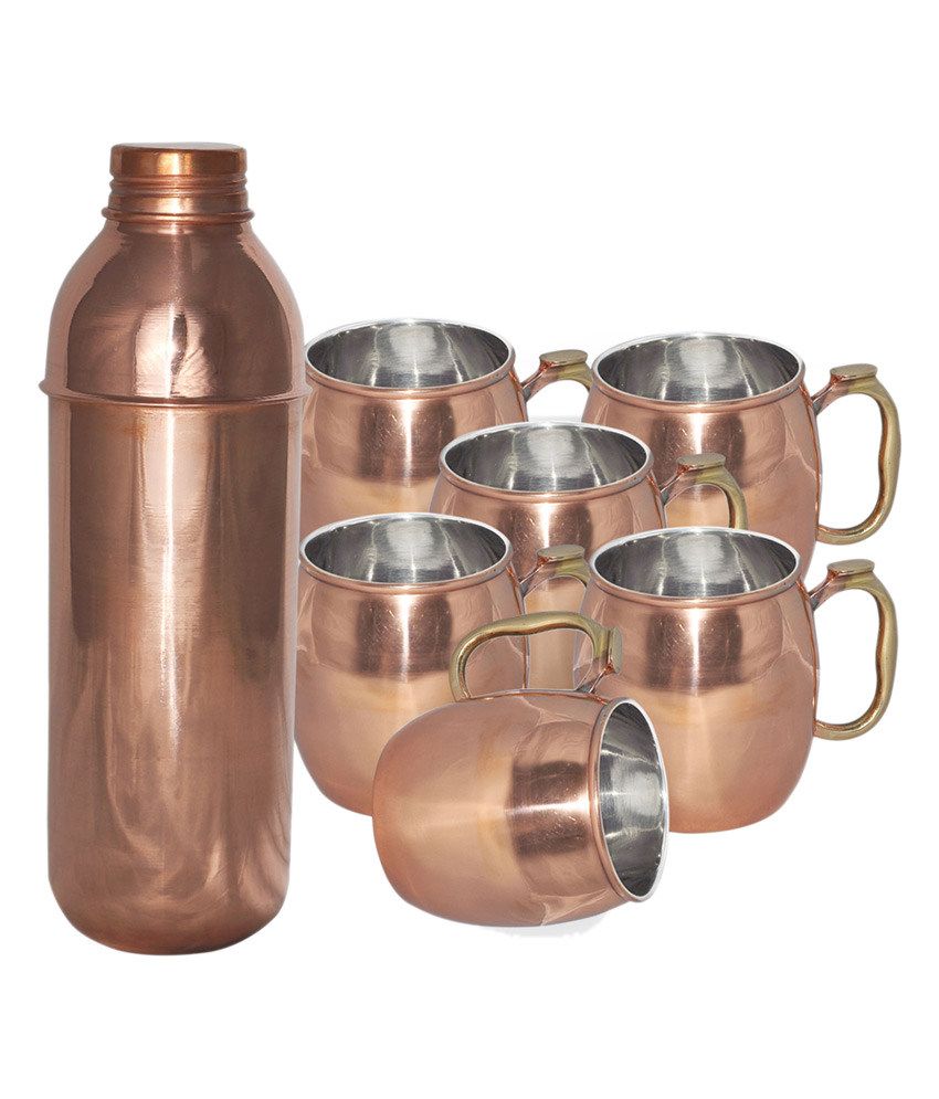 Prisha India Craft Pure Copper Thermos Bottle with 6 Mule Mug Plain