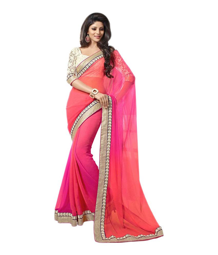 Radhe Creation Fabulous Red and Pink Georgette Border Work Saree with ...