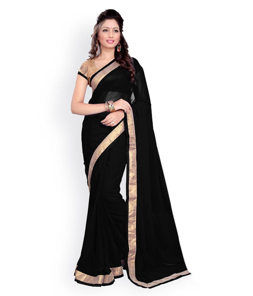 Omshiv Pure Chiffon Designer Black Saree With Blouse Piece-Black - Buy ...