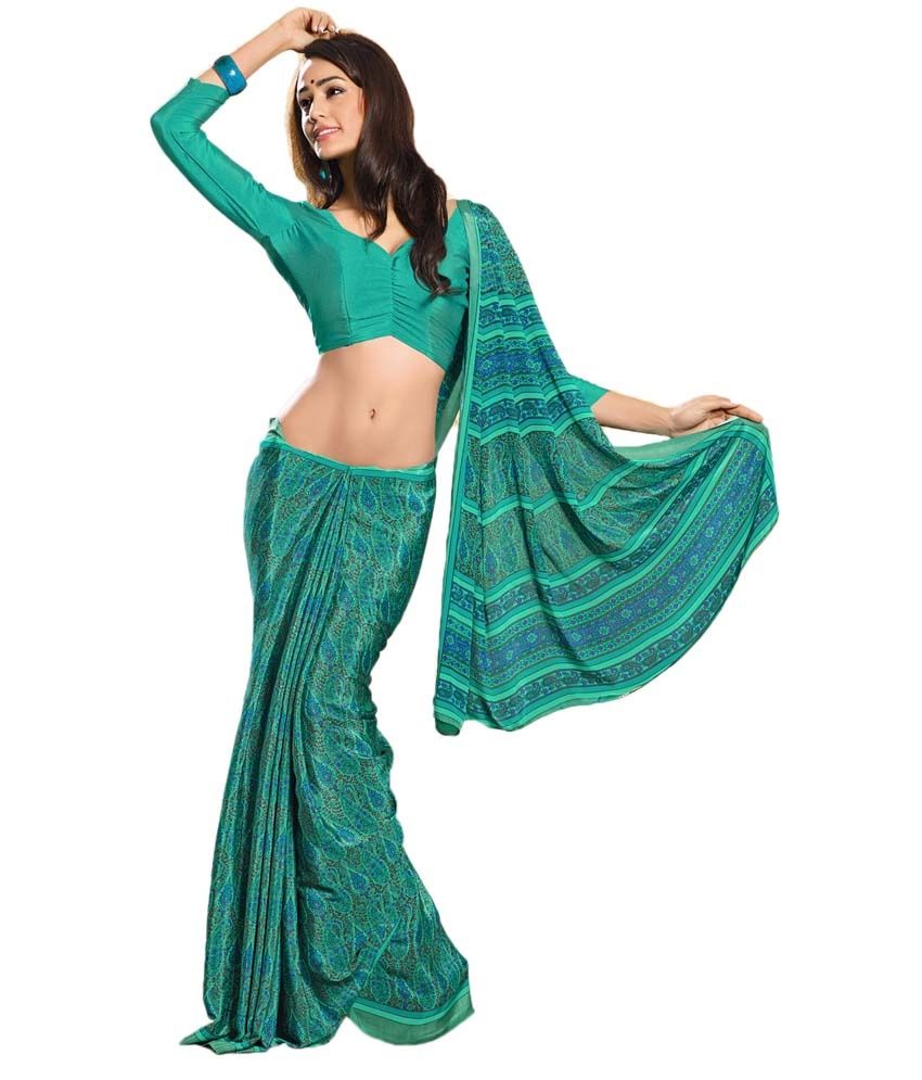 Womantra Green Art Crepe Printed Saree with Blouse Piece - Buy Womantra ...