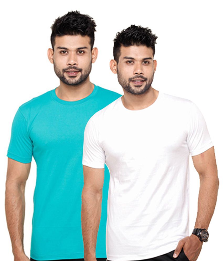     			Fleximaa White & Blue Round Neck T-Shirts (Pack of 2)