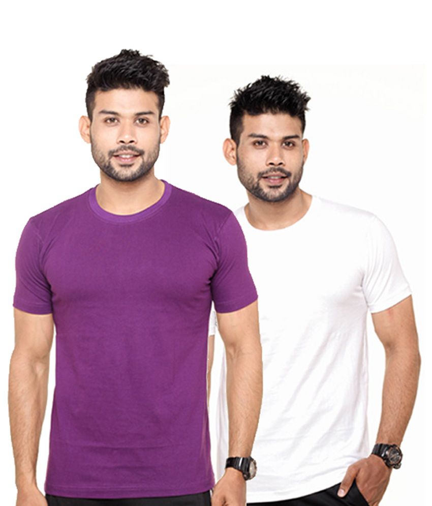     			Fleximaa White & Purple Round Neck T-Shirts (Pack of 2)