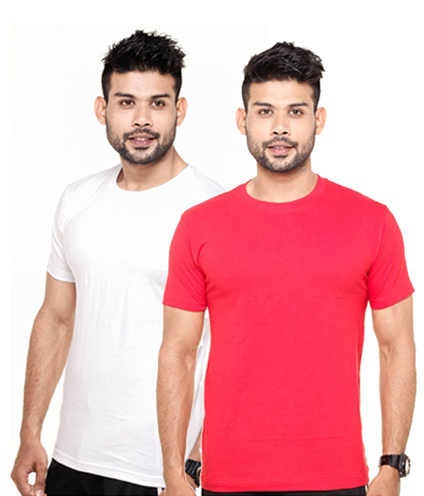     			Fleximaa White & Red Round Neck T-Shirts (Pack of 2)