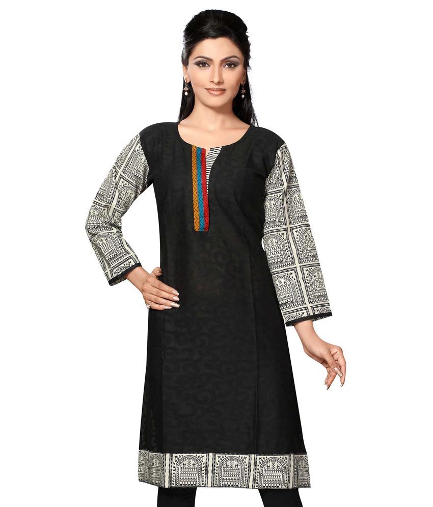 Karan Kurtis Black Cotton Round Neck Kurti - Buy Karan Kurtis Black ...