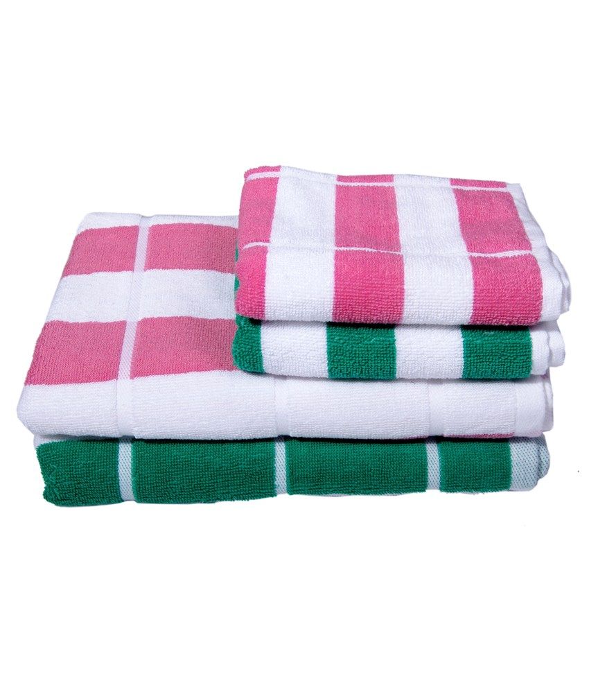 Skumars Love Touch Green & Pink Stripes Towel Set - (2 Bath Towels & 2 ...