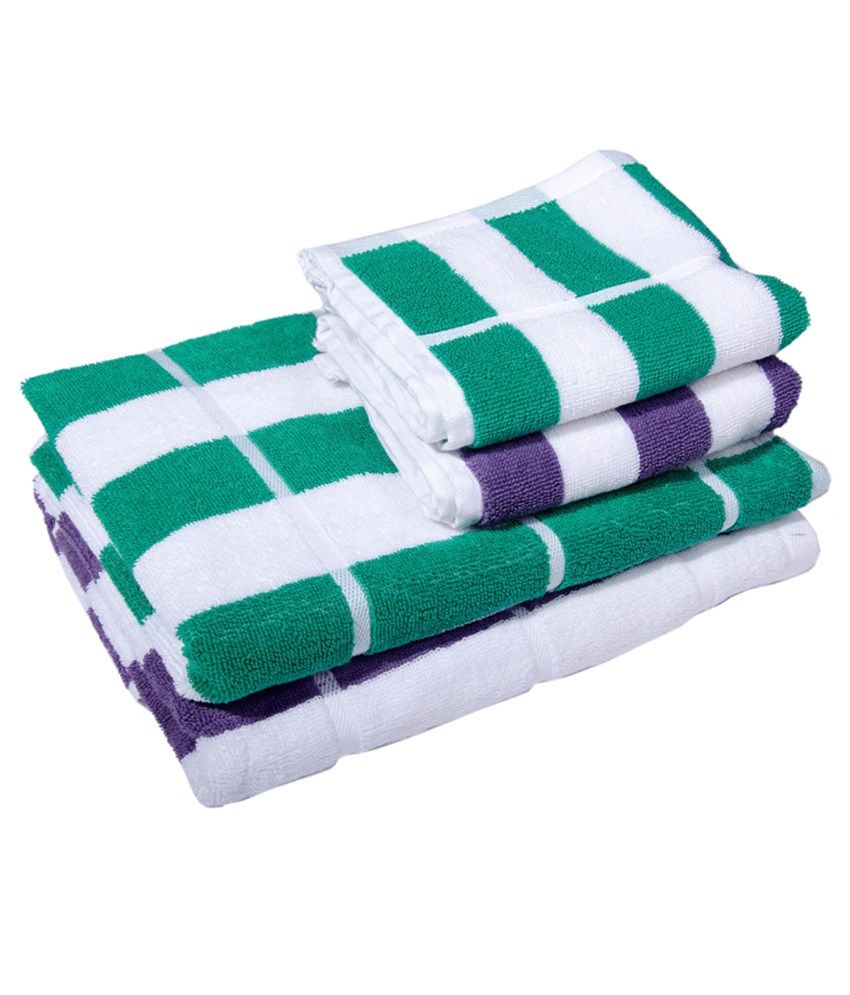 Skumars Love Touch Purple & Green Stripes Towel Set (2 Bath Towels