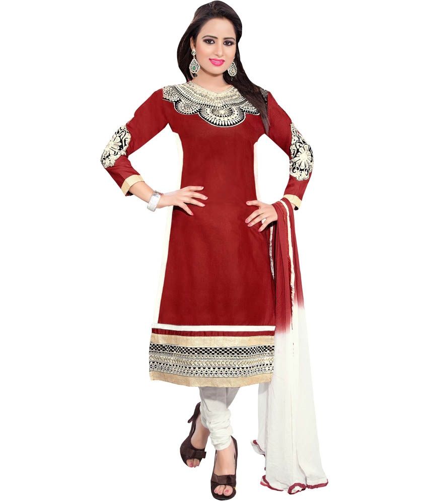 Heena Fashion Red Embroidered Unstitched Cotton Dress Material - Buy ...