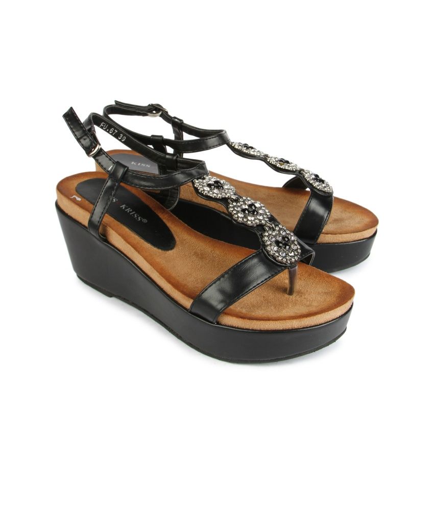 Kiss Kriss Black Faux Leather Wedges Thong Sandal Price In India Buy 4206