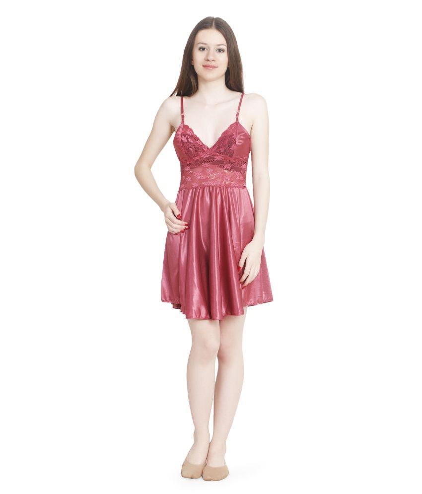 Buy Ellryza PeachPuff Satin Short Monochrome Baby Doll Dress Online at