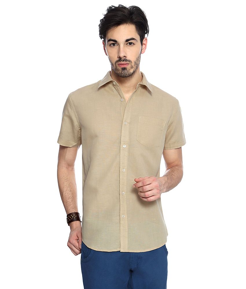 People Beige Textured Half Sleeves Casual Relaxed Fit Shirts - Buy ...