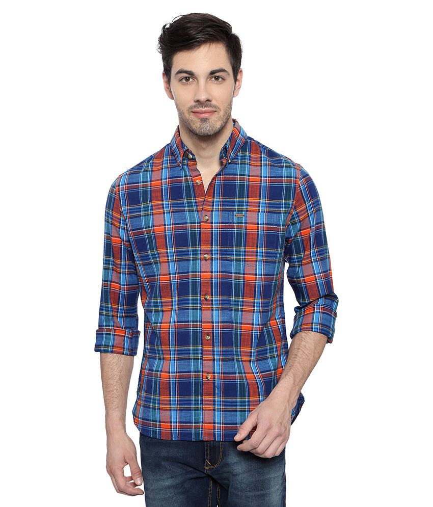 Peter England Blue Cotton Check Ultra Slim Fit Full Sleeves Shirts ...