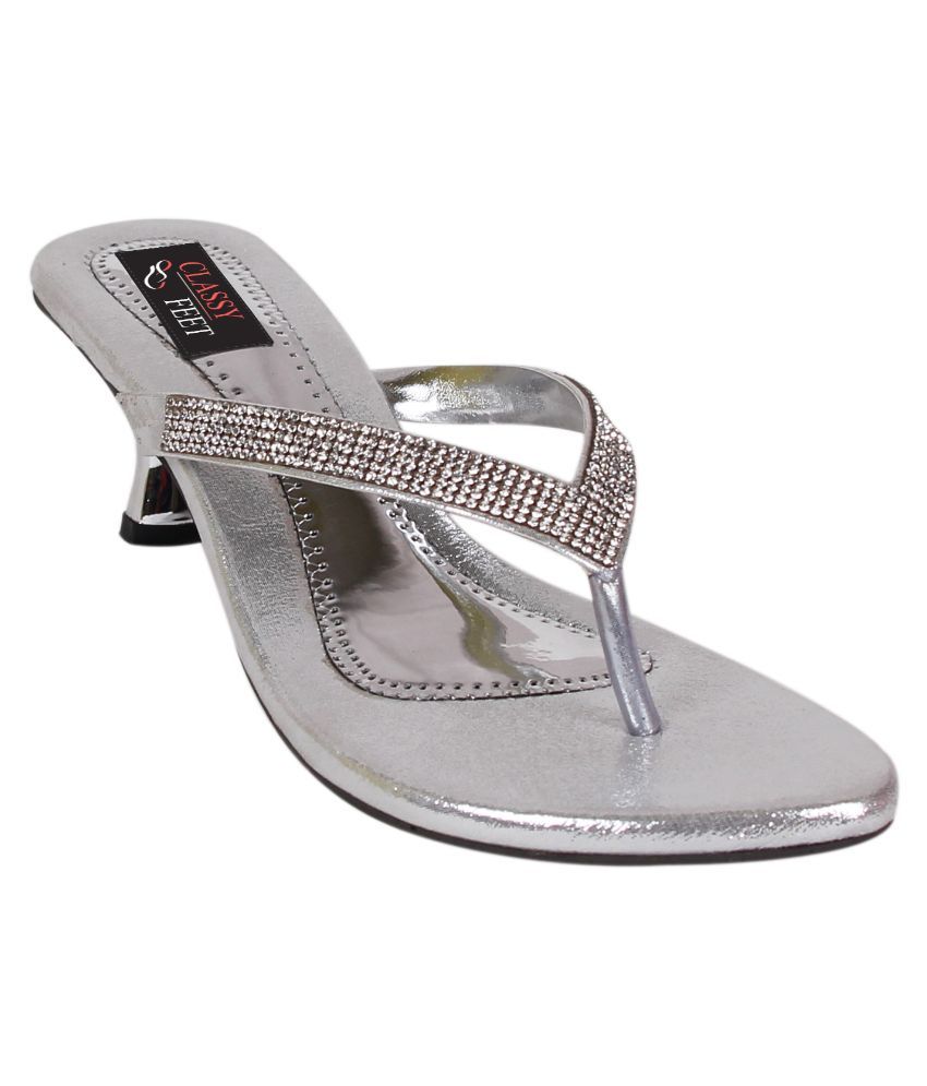 silver barely there kitten heels