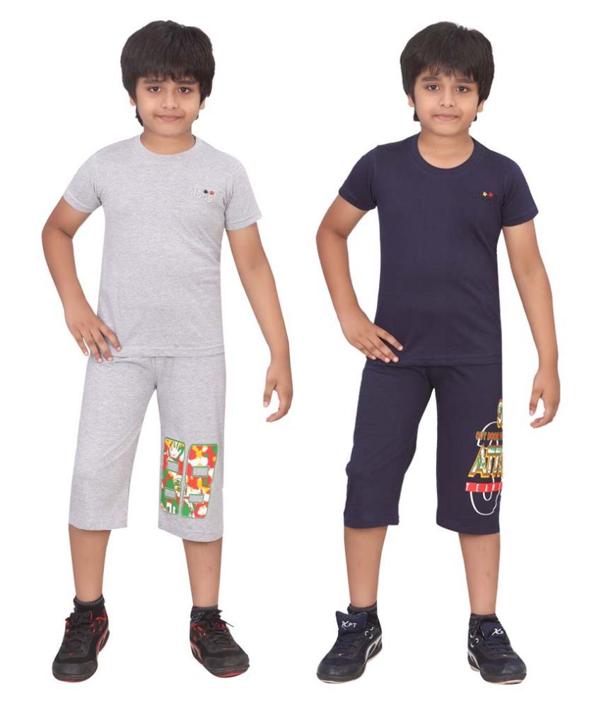     			Dongli Multicolour Cotton T-Shirt and Three Fourth for Boys - Pack of 2