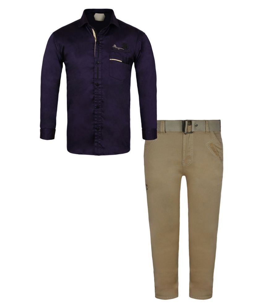 tan pants purple shirt