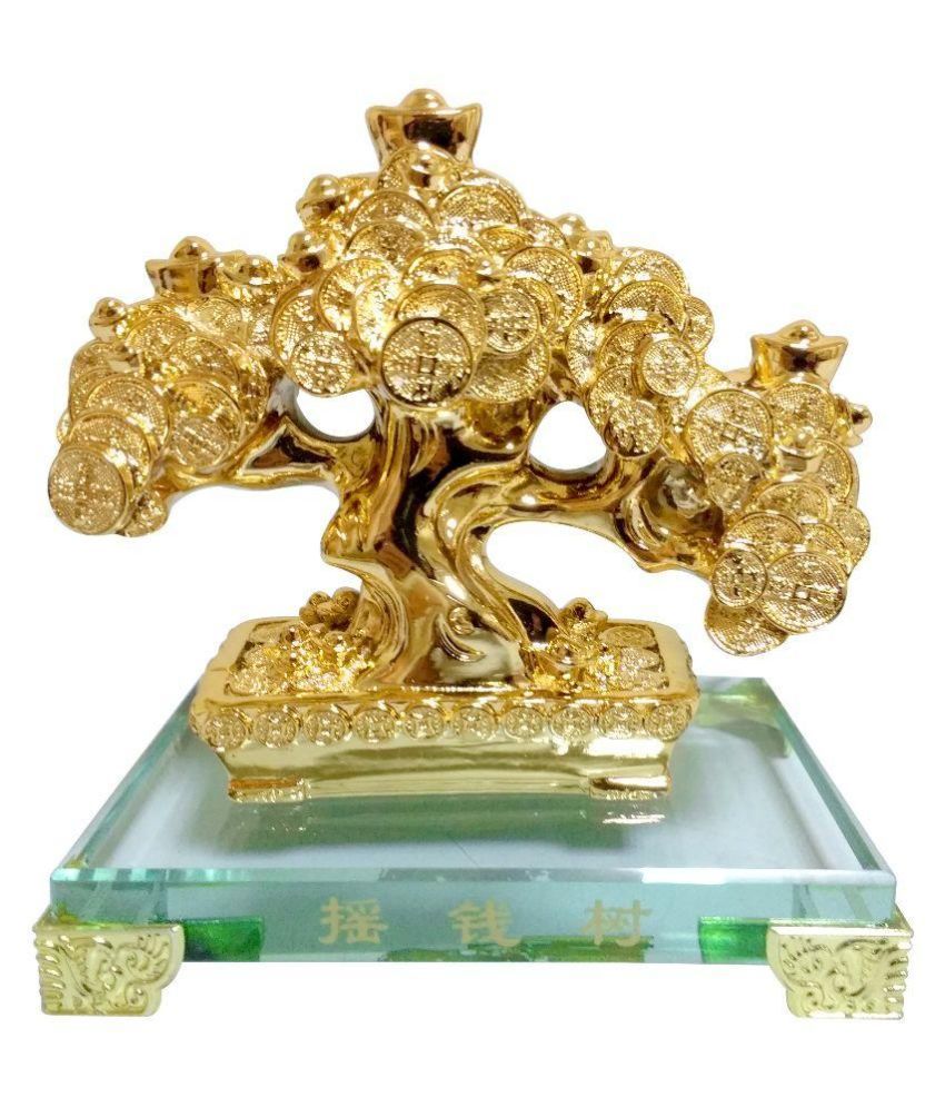     			Happy Starstell Fengshui Golden Money Coin Tree on Glass Slab Showpiece