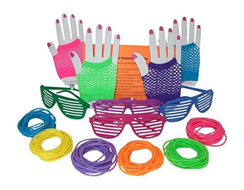 Multiple 80s Rock Star or Pop Dress-Up Set for 12-12 Pairs Fingerless Fishnet Wrist Gloves 12 Sunglasses 144 Neon Gel Bracelets and 80s Trivia Questions 