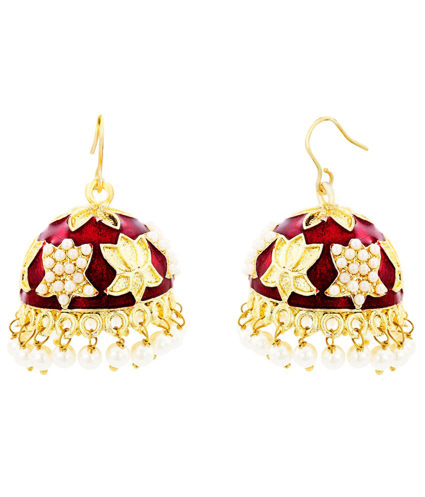     			The Jewelbox Lotus Gold Plated Maroon Meenakari Jhumki Earring for Women