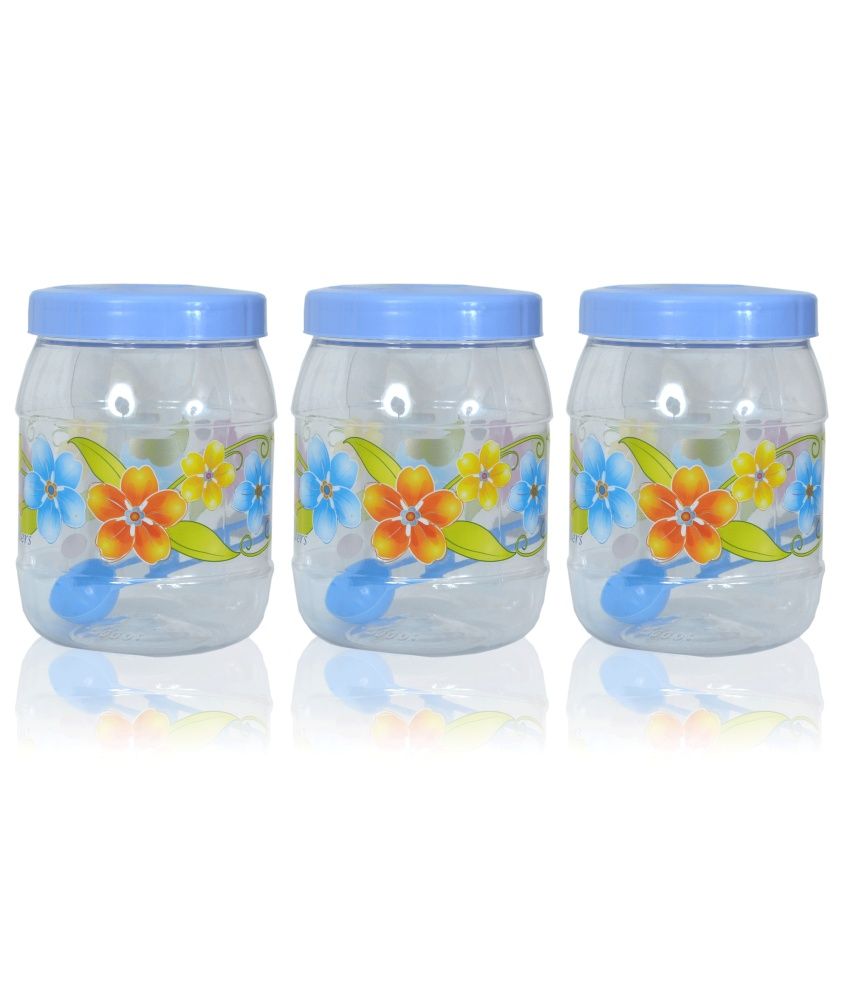 Kohinoor Jelly Plastic Jars Tulip Flower Print 1000 ML Blue (Set of 3